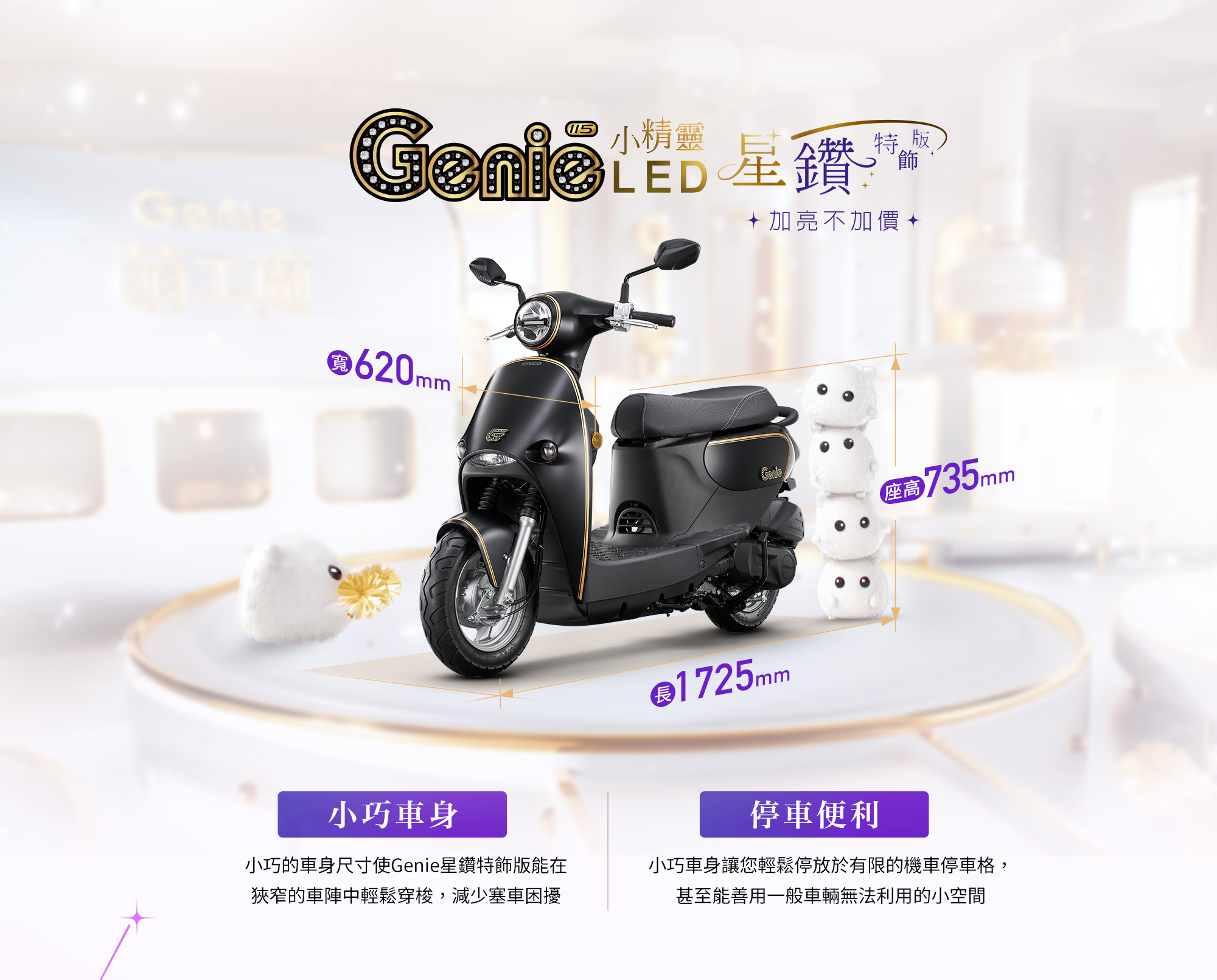Genie LED 115 星鑽特飾版小巧車身與停車便利，展示平光黑車款，標示車寬620mm、車長1725mm、座高735mm，適合狹窄車陣與有限停車空間。