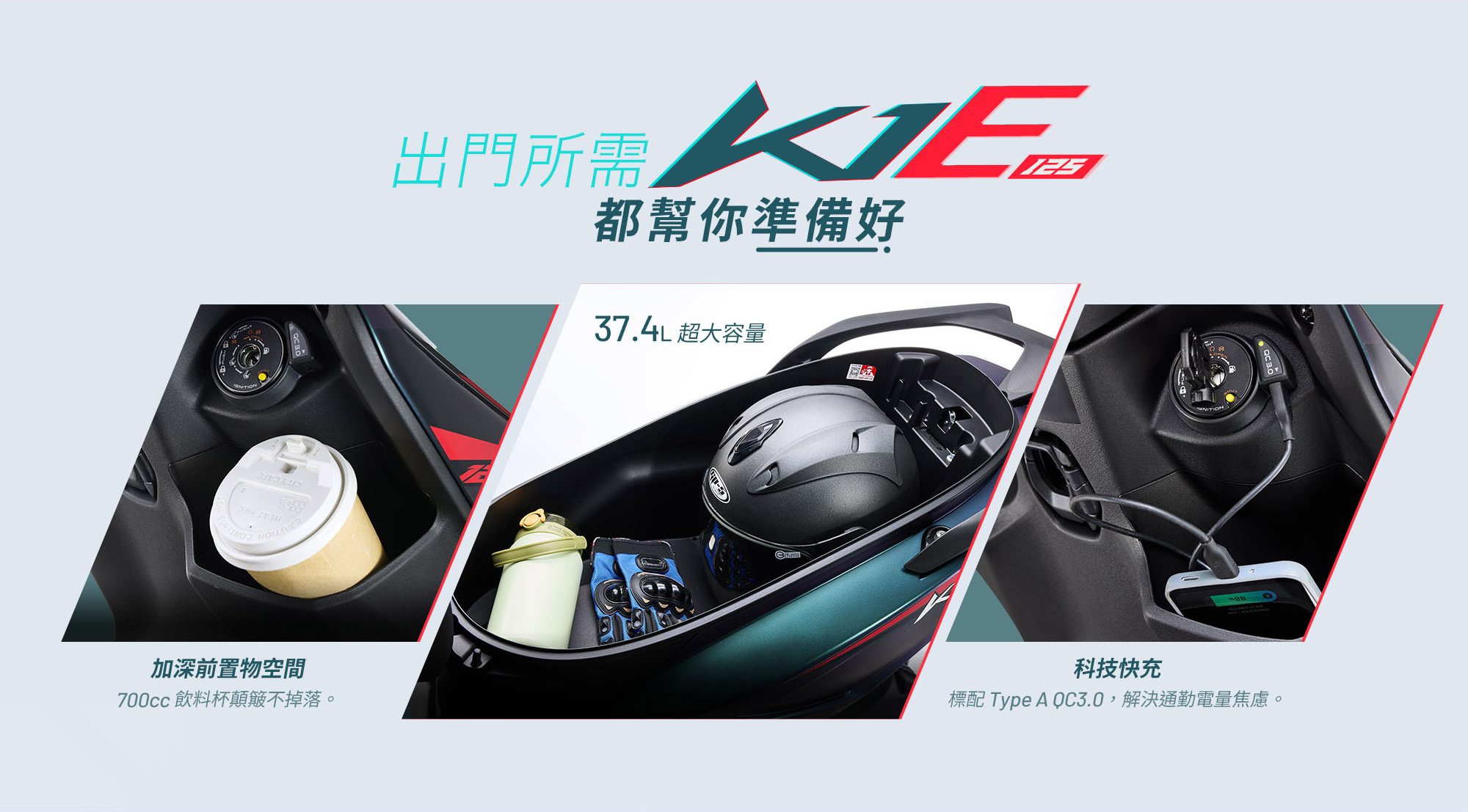 K1E 125具加深前置物空間、37.4L座墊下置物空間與Type-A QC3.0快充