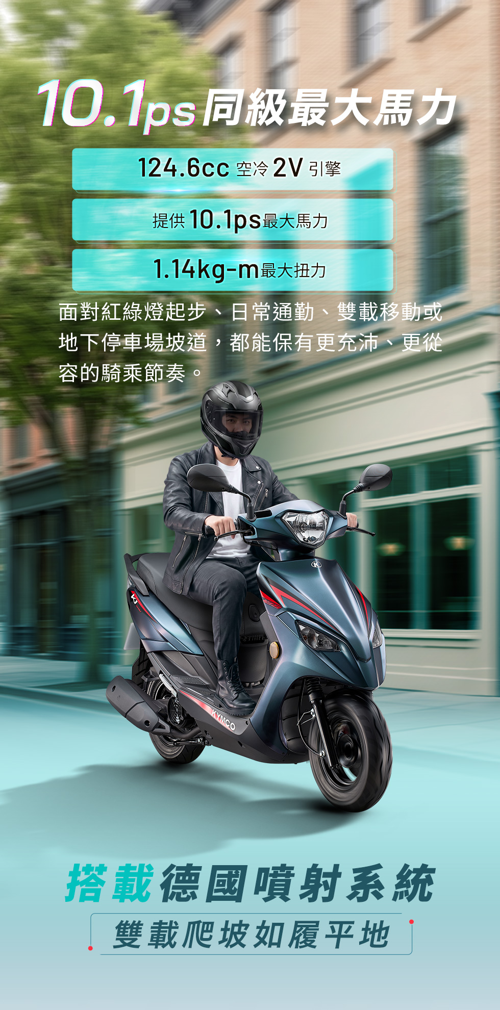 10.1ps 同級最大馬力,K1E 125 搭載 124.6cc 空冷 2V 引擎,提供 10.1ps 最大馬力與 1.14kg-m 最大扭力,搭載德國噴射系統,雙載爬坡如履平地,面對紅綠燈起步、日常通勤、雙載移動或地下停車場坡道,都能保有更充沛、更從容的騎乘節奏。