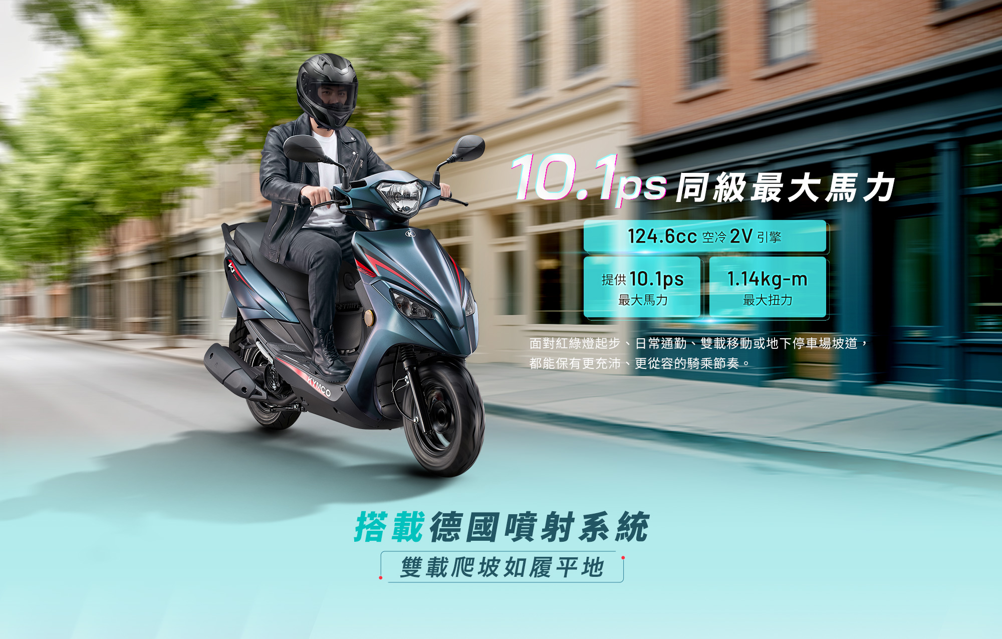 10.1ps 同級最大馬力,K1E 125 搭載 124.6cc 空冷 2V 引擎,提供 10.1ps 最大馬力與 1.14kg-m 最大扭力,搭載德國噴射系統,雙載爬坡如履平地,面對紅綠燈起步、日常通勤、雙載移動或地下停車場坡道,都能保有更充沛、更從容的騎乘節奏。