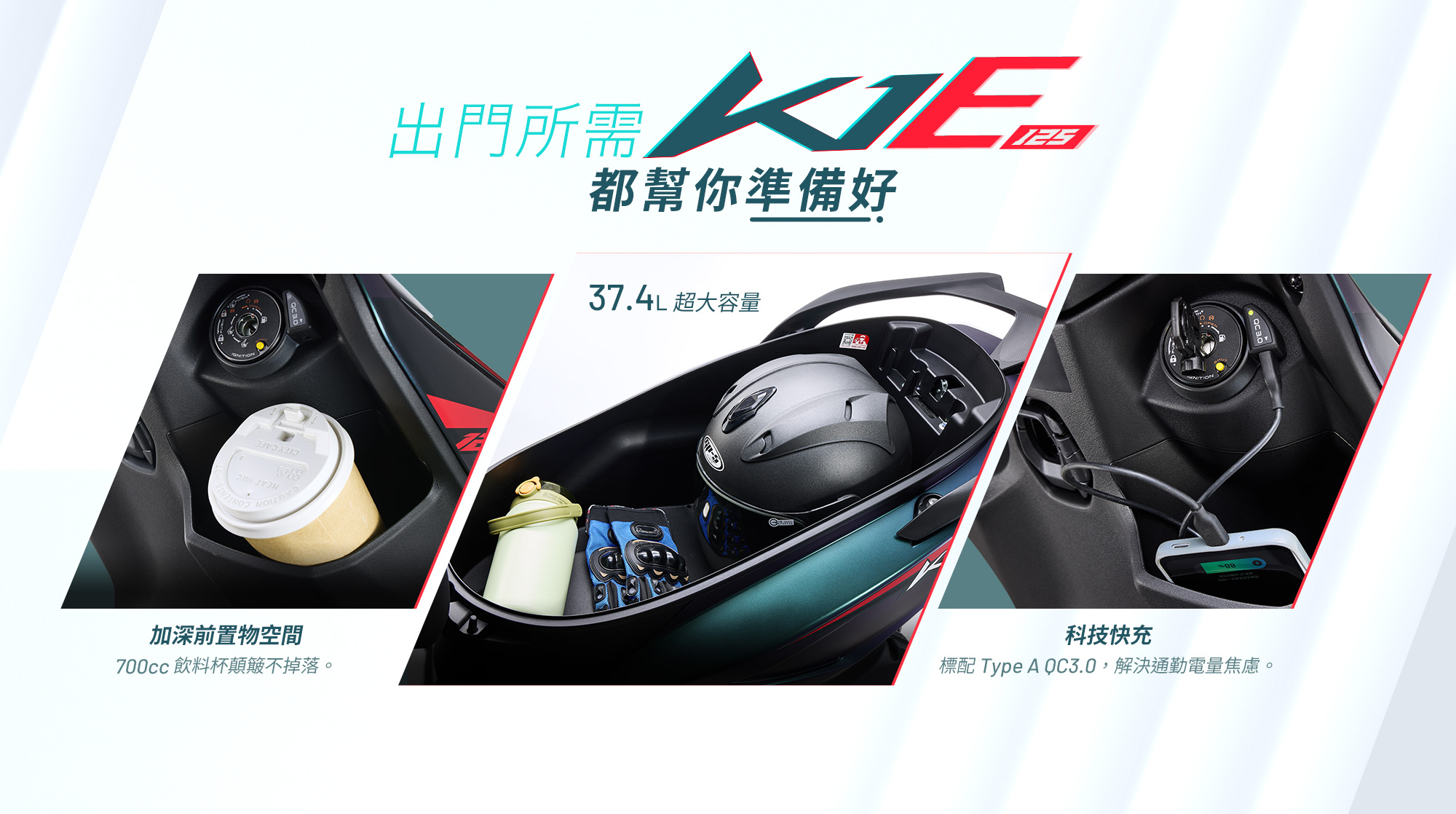 出門所需 K1E 125 都幫你準備好,配備加深前置物空間,700cc 飲料杯顛簸不掉落,37.4L 超大容量置物箱可收納安全帽與隨身物品,並標配 Type A QC3.0 科技快充,解決通勤電量焦慮。