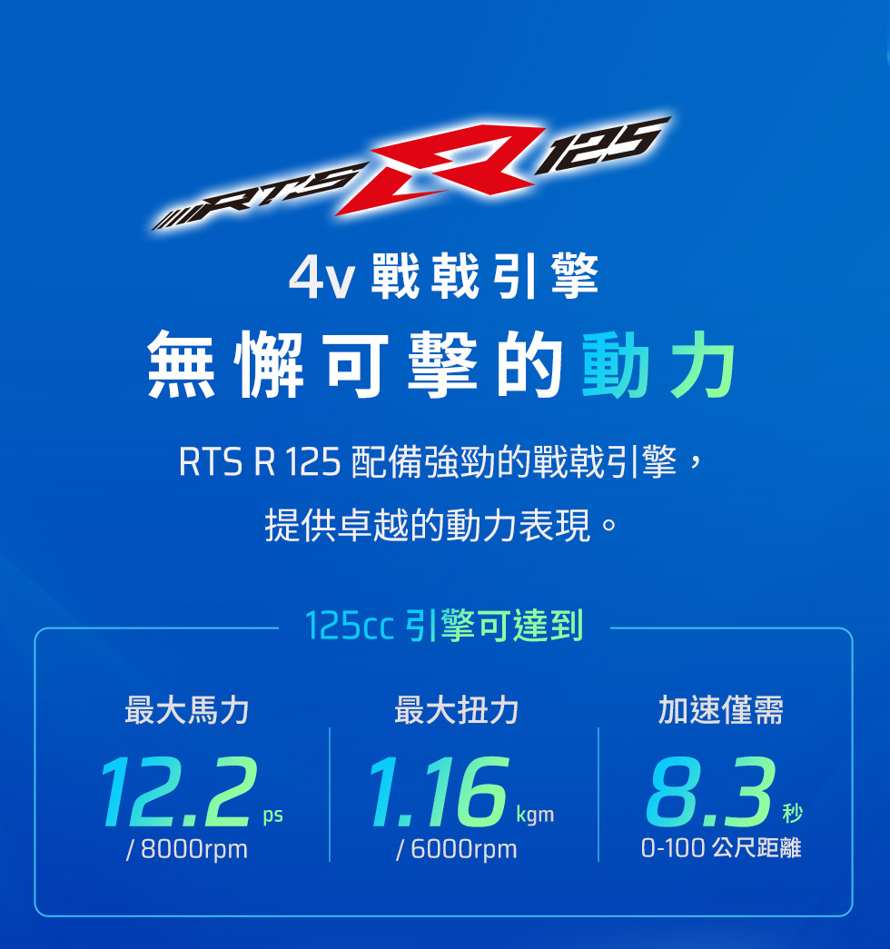 RTS R 125 戰戟引擎,無懈可擊的動力,125cc引擎可達最大馬力12.2ps、最大扭力1.16kgm與0到100公尺加速8.3秒。