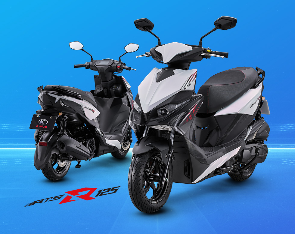 RTS R 125 車款外觀展示,白色車身搭配黑紅運動化線條,呈現前後視角與跑格速克達造型。