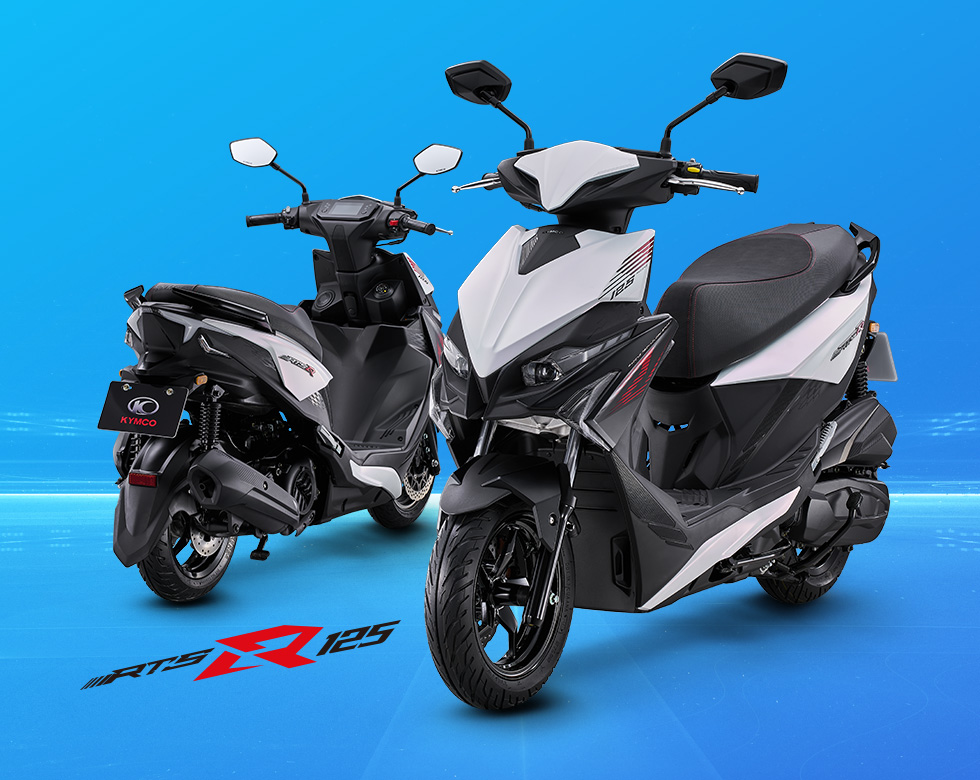 RTS R 125 車款外觀展示,白色車身搭配黑紅運動化線條,呈現前後視角與跑格速克達造型。