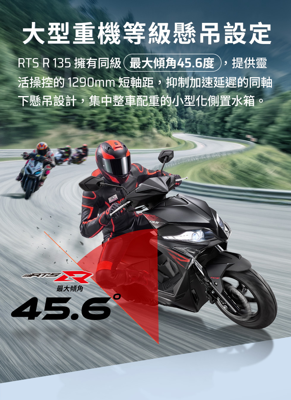 RTS R 135 大型重機等級懸吊設定,騎士於彎道傾角騎乘,強調最大傾角45.6度與1290mm短軸距。