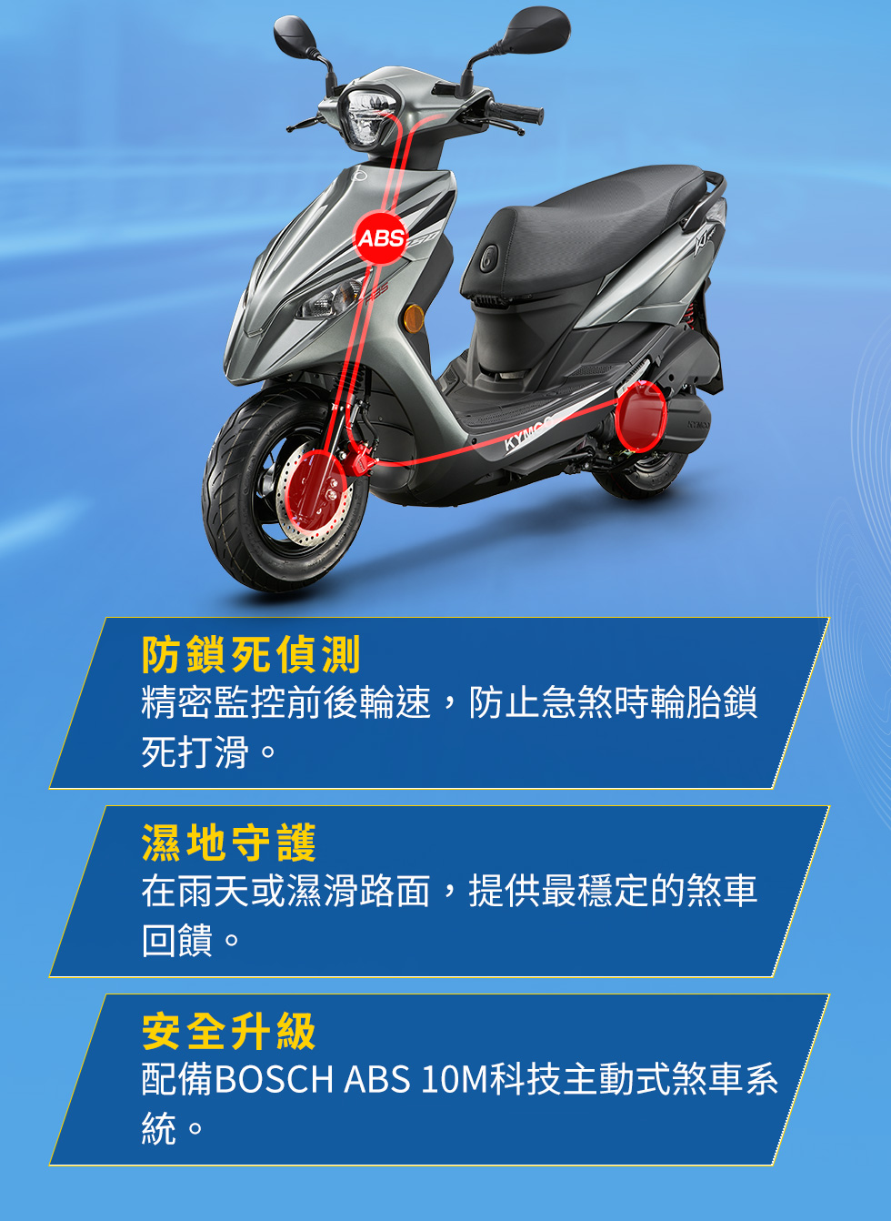 KYMCO 新K1 150 ABS 特仕版 BOSCH ABS 10M 系統,具備防鎖死偵測、濕地守護與主動式煞車安全升級