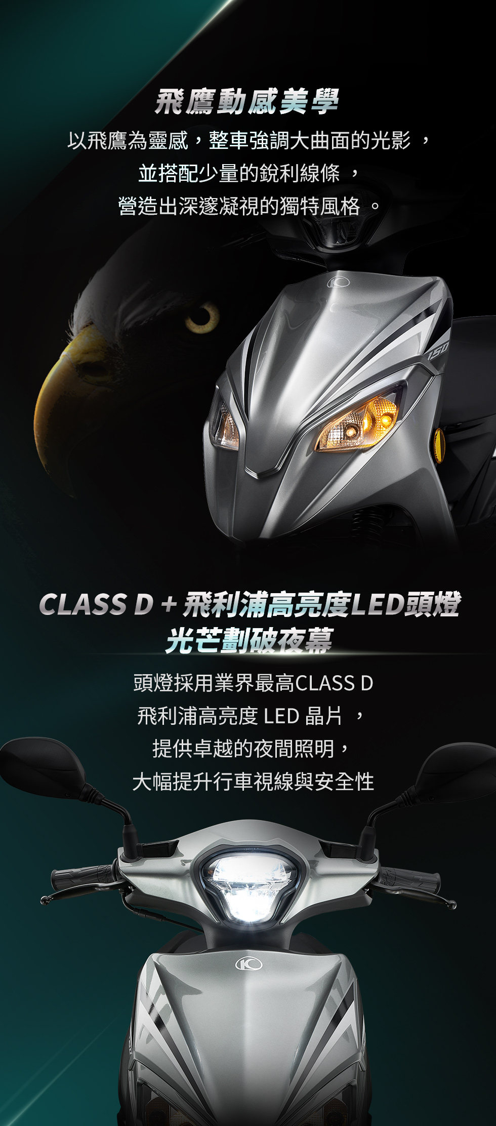 KYMCO 新K1 125 / 150 特仕版飛鷹動感美學,搭配 Class D 飛利浦高亮度 LED 頭燈,提升夜間照明與辨識度