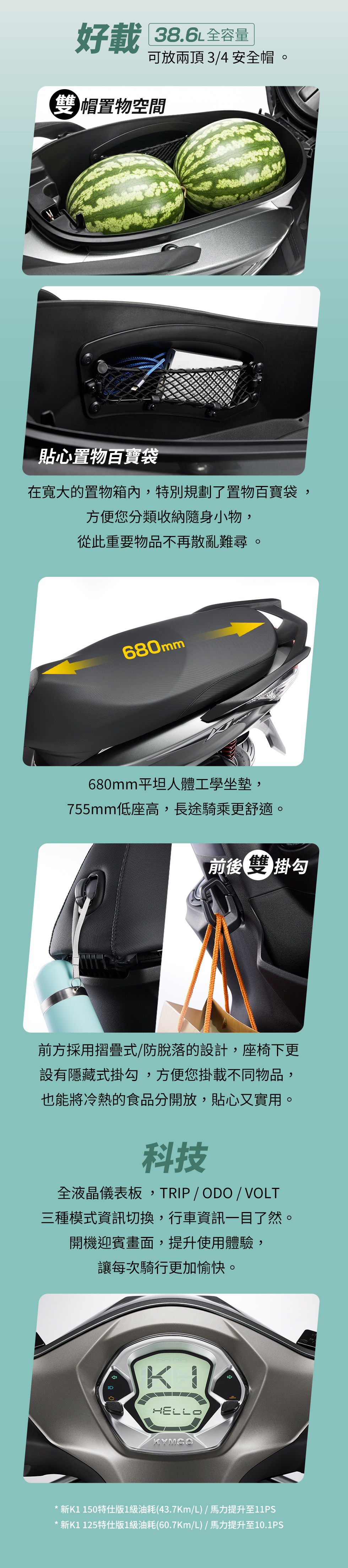 KYMCO 新K1 125 / 150 特仕版好載與科技配備,包含 38.6L 全容量置物箱、置物百寶袋、680mm 平坦坐墊、前後雙掛勾與全液晶儀錶