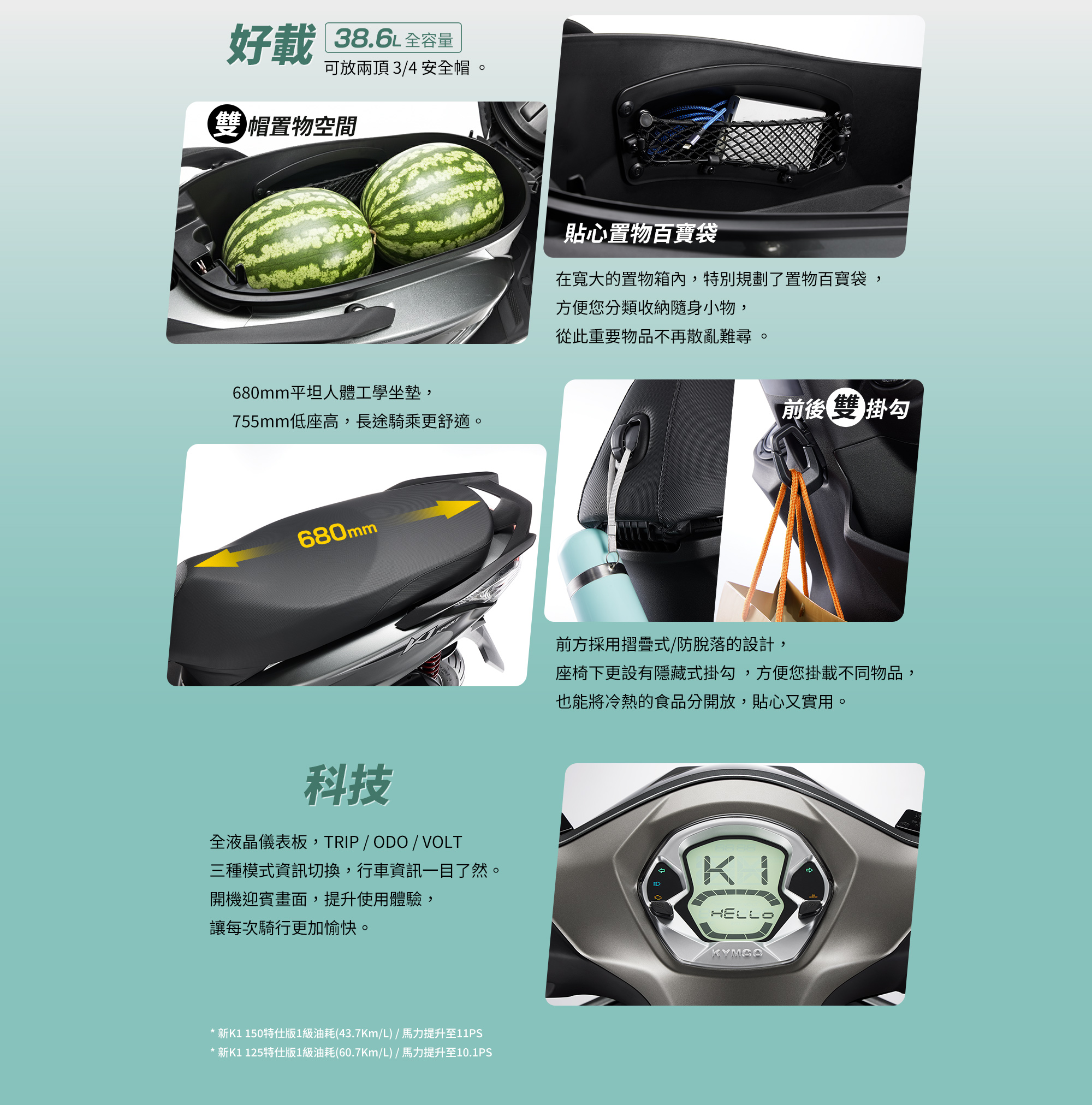 KYMCO 新K1 125 / 150 特仕版好載與科技配備,包含 38.6L 全容量置物箱、置物百寶袋、680mm 平坦坐墊、前後雙掛勾與全液晶儀錶