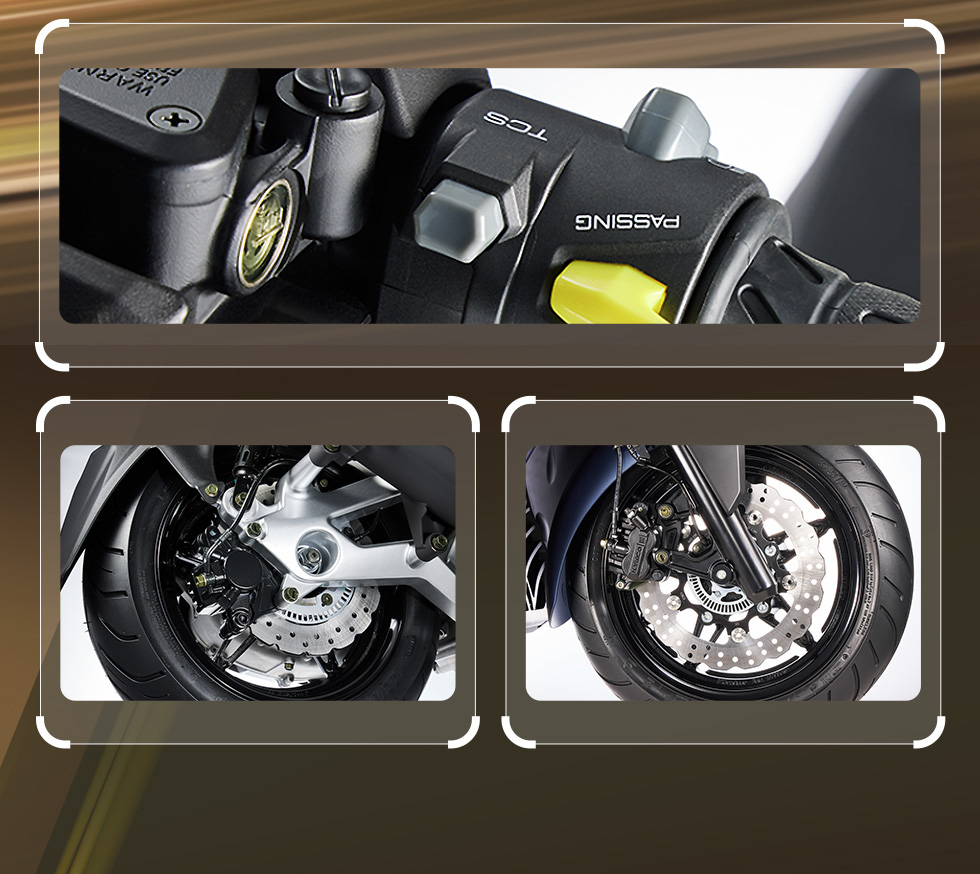 X-Town ST 250 安全電控細節展示,包含後輪煞車、前輪高效率散熱碟盤與TCS循跡防滑控制開關。