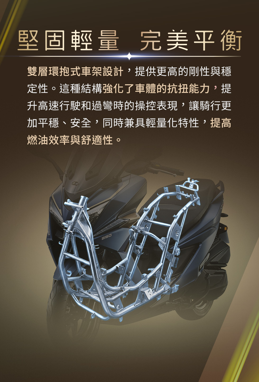 X-Town ST 250 堅固輕量完美平衡,展示雙層環抱式車架設計,提升車輛剛性、穩定性與操控表現。