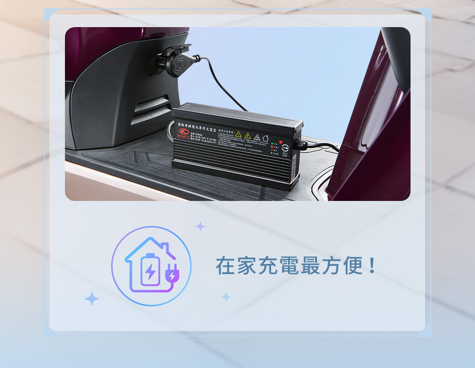 在家充電最方便,Mint 微型電動二輪車連接充電器於居家環境充電。